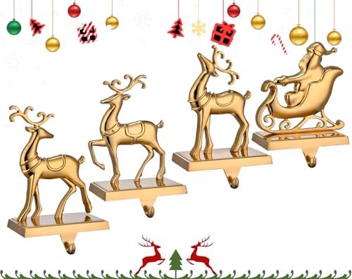 Antique Gold Reindeer & Sleigh Stocking Holder Set for Mantle Set of 4,Deer Stocking Hangers for Firepiece,Christmas Decorations Mantel Hanger for Stocking/Garland (Retro Gold) by Cesdai