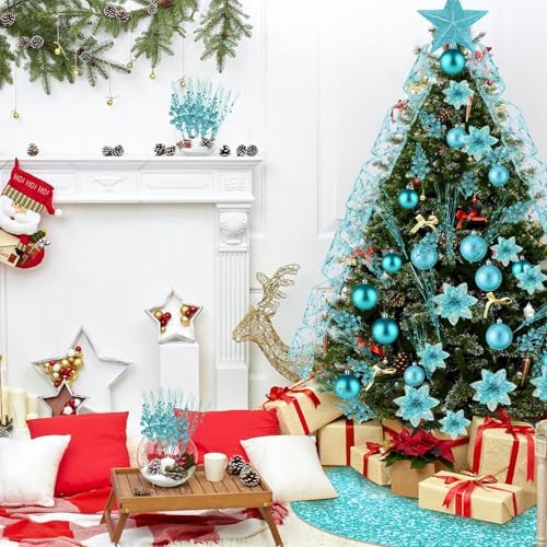 Realspring 72 Pieces Christmas Tree Ornament Set Xmas Assorted Decorations Bulk Glitter Poinsettia Berry Picks Topper Star Sequin Tree Skirts for Home Wreaths Holiday Party Favors (Turquoise) - Image 6