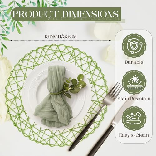 Geosar Round Woven Placemats Bulk Rustic Paper Braided Placemats Boho Natural Non Slip Heat Resistant Table Mats for Wedding Party, Dinner Table Centerpiece Decoration, 13 Inch (Green,24 Pcs) - Image 2