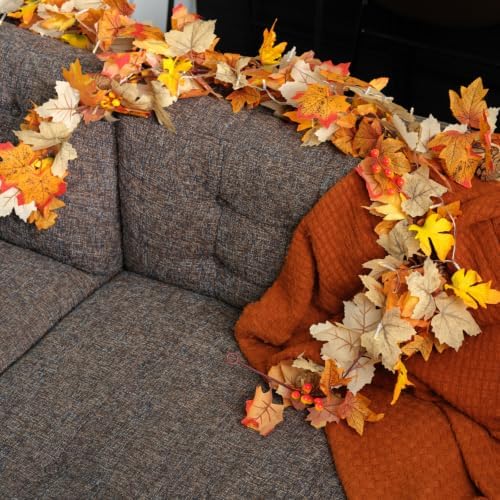 CQURE 2 Pack Fall Garland with Lights, Artificial Autumn Maple Leaves Vines with LED Lights Thanksgiving Halloween Harvest Decor for Fireplace Mantle Table Indoor Outdoor - Image 3