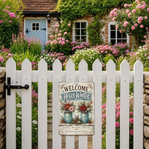 Decorative Tin Sign Vintage Metal Tin Sign Welcome Winter Mason Jar Flowers Pine Branches Berries Cozy Seasonal Wall Decor for Kitchen Entryway 8×12 Inches with Metal Frame - Image 7