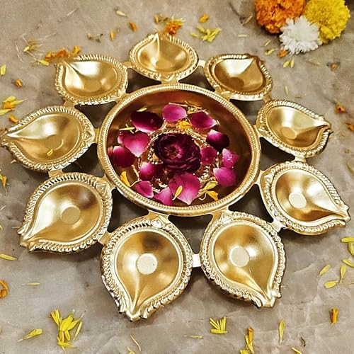 Diwali Diyas |Urli |Handcrafted Metal Decorative Bowl for Floating Flowers |Tea Light Candle Holders |Diwali Decorations |Diwali Candles (Swastik 9 Diya Urli) - Image 3