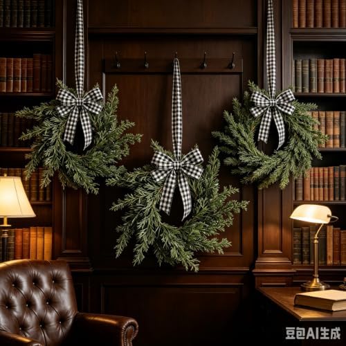 6 Pcs Small 4th of July Hanging Wreaths for Cabinets Patriotic Mini Candle Ring Wreath with Red White Blue Flowers (6, Winter Greenery Cedar Checkered Bow) - Image 2