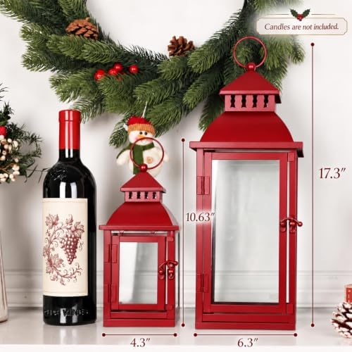 NEEDOMO Christmas Decorations Outdoor & Indoor, Set of 2 Outdoor Lanterns for Porch, Large Candle Lantern, Red Metal Frame with Glass, Vintage Farmhouse, Patio, Pathway, Garden, Christmas - Image 2