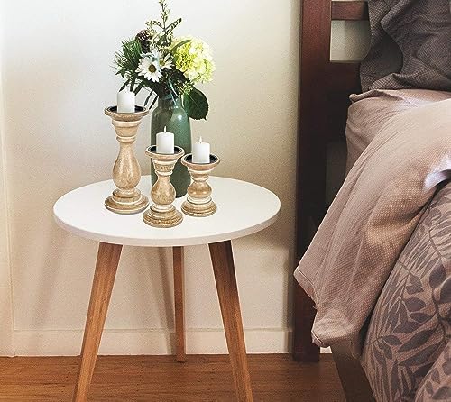 Homebia Design Wooden Pillar Candle Holder Set of 3 – 10, 8, 6"–White Wash - Image 5