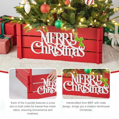 Glitzhome 27" L Wooden Crate Tree Collar, Red Merry Christmas Christmas Tree Base Cover Farmhouse Christmas Tree Collar Decorative Christmas Tree Skirt Collar - Image 4