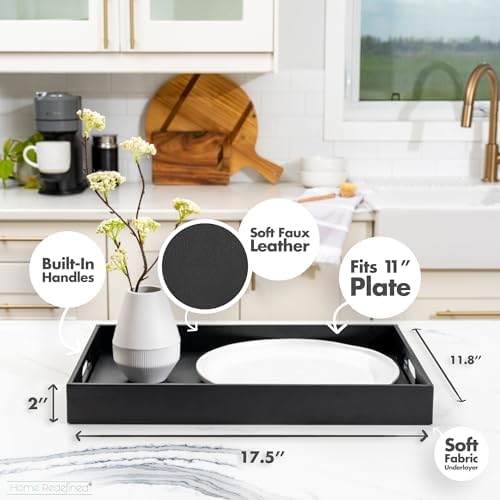 Home Redefined Beautiful Modern Elegant 17.5"x12" Rectangle Classic Black Faux Leather Decorative Tray Ottoman Coffee Table Perfume Living Room Kitchen Serving Tray with Handles for All Occasion's - Image 3