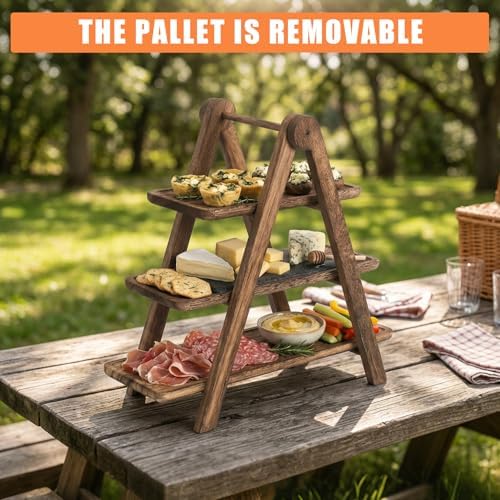 Space-Saving 3-Tier Collapsible Wooden Tray Stand – Rustic Multi-Layer Display Rack – Kitchen Counter Organizer for Food or Desserts – Sturdy, Easy-Fold Storage Shelf - Image 2