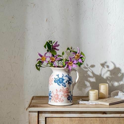 Pink Blue and White Pitcher Vase, 8 Inch Vintage Chinoiserie Ceramic Flower Vase, Rustic Retro Ice Cracked Antique Porcelain Vases for Home Farmhouse Table Centerpieces Shelf Decor ﻿ - Image 3