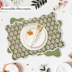 CPC Cotton Placemats Jade Green Set of 4-Hand Block Printed Reversible Placemats, Machine Washable, Flower Scalloped & Embroidered Cloth Table Mats - 14 x 20 inch - Image 4