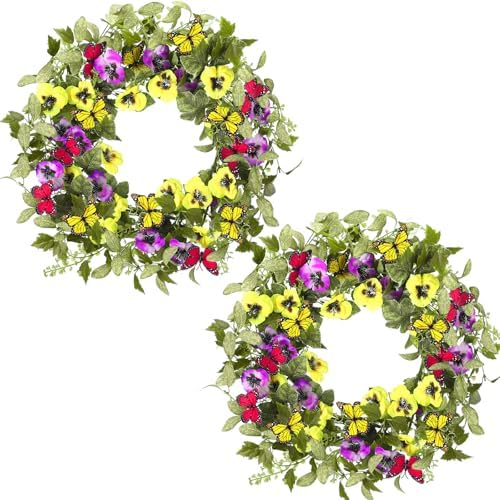 Hotop 2 Pcs Spring Summer Door Wreath for Front Door 22'' Artificial Yellow Purple Pansy Floral Wreath with Butterfly Green Eucalyptus Leaves for Indoor Outdoor Home Wedding Farmhouse Window Decor by Hotop