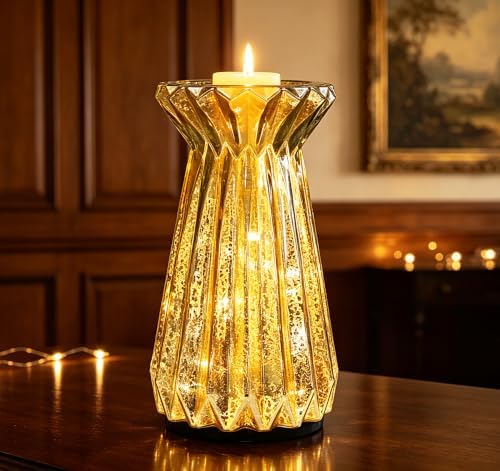 Home Decor, Mercury Glass Pillar Candle Pedestal Holders with 10 Led Lights, Lighted up Candle Holder for Pillar Candle, Candlestick Holders with Timer for Wedding Home Dining Table Xmas (Gold) - Image 6