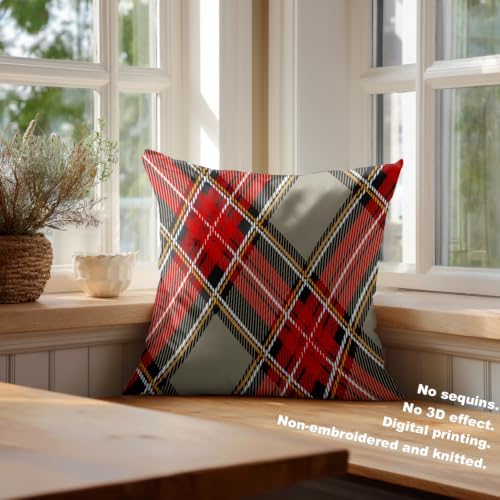 Batmerry Red Gray Modern Plaid Throw Pillow Covers, Black Rhombus Scottish Tartan Decorative Pillow Covers Digital Printing Blended for Couch Sofa Bed Invisible Zipper 24X24 in(Set of 2) - Image 4