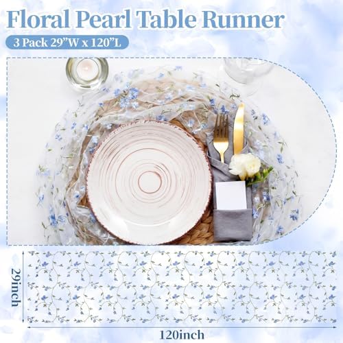 Lounsweer 3 Pcs Blue Flower Table Runner 10ft Embroidery Tulle Lace - Image 6