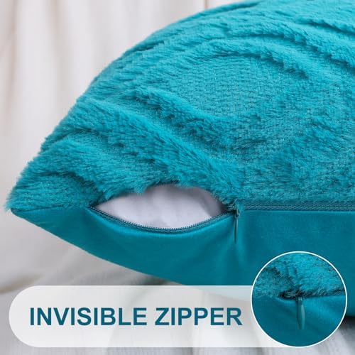 decorUhome Faux Fur Plush Soft Teal Throw Pillow Covers 26x26 Set of 2 - Image 3