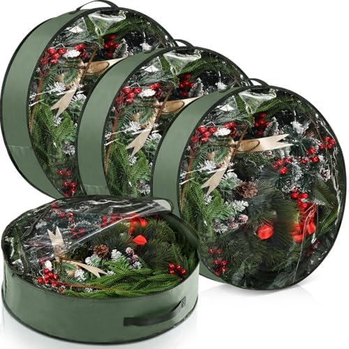 4 Pack Wreath Storage Container, 24 Inch Christmas Wreath Storage Box with Clear Window and Handles Upgrade Oxford Cloth Garland Bags with Dual Zipper for Xmas Wrapping, Green by Hubeii