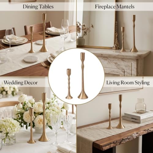 P•TAL 100% Pure Brass Taper Candle Holder Set of 2 | Handcrafted Golden Candlestick for Table Centerpiece, Wedding & Fireplace Mantel Décor | Fits Standard Taper & LED Candles | 2.5 x 10 Inch - Image 3