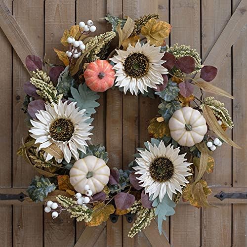 idyllic 20" Fall Wreath for Front Door with White Sunflower Artificial Pumpkins,Green & Yellow Leaves Harvest Wreath for Festival Thanksgiving Farmhouse Wall Home Decor - Image 4
