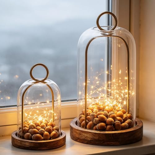 Set of 2 Versatile Vintage Brass Metal Candle Holder with Handmade Sturdy Glass Dome and Natural Wooden Base for Pillar Candle & Plants, Industrial, Farmhouse, Shabby Chic, Display Cloche Bell Jars - Image 5