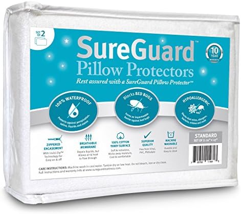 SureGuard Set of 2 Standard Size Pillow Protectors - 100% Waterproof, Bed Bug Proof, Hypoallergenic - Premium Zippered Cotton Terry Covers by SureGuardMattressProtectors