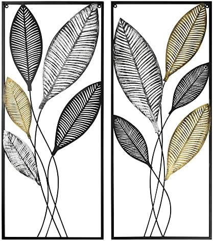 Metal Wall Decor Set of 2, Leaf Art Wall Hanging Home Decor with Frame, Tree of Life Accent Home Decor, Metal Wall Decoration Sculptures for Living Room, Office, Home, Hotel, Indoor, 14" W x 35" H by YiLifebes-EasytoLife