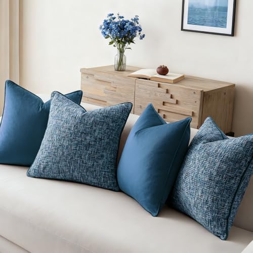 a moment Blue 4 Pack Throw Pillow Covers - Chenille & Velvet Set with Piping, Farmhouse Textured Design Pillow Cases for Couch Sofa Bed Livingroom (22x22 Inch, No Insert) - Image 2