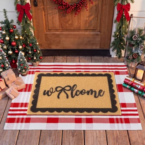 2pcs Christmas Welcome Mat for Front Door Layered Buffalo Plaid Outdoor Rug - Image 4
