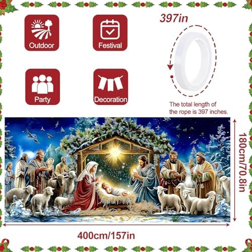 13x6Ft Religious Garage Door Banner - Nativity Scene with Holy Family, Shepherds and Animals in Stable Large Hanging Covers, Outdoor Inspirational Holiday Decor - Image 4