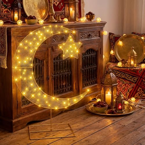 Glooglitter Pre-lit Eid Mubarak Decorations for Home Metal Ramadan Star Moon Crescent Light Decorations Outdoor Lighted Night Lamp Sign with LED String for Yard Lawn Pathway(Hanging Star) - Image 4