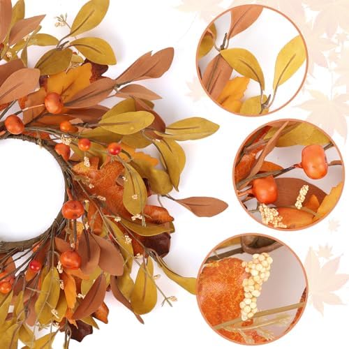 6 PCS 9" Mini Fall Wreaths for Kitchen Cabinets Fall Wreaths for Front Door Autumn Wreath with Golden Eucalyptus Leaves Oak Leaves with Ribbon for Farmhouse Home Wall Window Festival Wedding Decor - Image 4