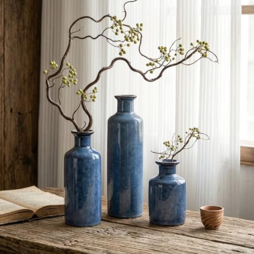 Ceramic Vase Set of 3, Deep Blue Glazed Bud Vases for Home Decor, Modern Farmhouse Decorative Blue Vases for Flowers, Table Centerpiece Set for Dining Room Living Room Kitchen Shelf Mantel by GarDream