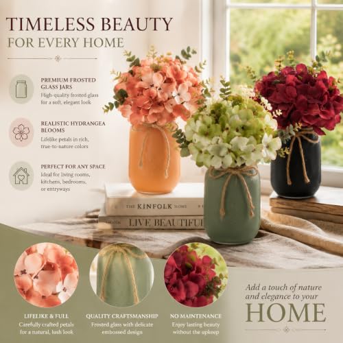 DILATATA Mason Jar Centerpiece Rustic Floral Centerpiece for Table Farmhouse Decor Fall Artificial Hydrangea Flowers Thanksgiving Tiered Tray Decoration for Kitchen, Dining Room, Home Decor-Set of 3 - Image 2