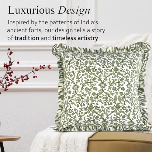 CPC Meadow Vine Hand Block Print 100% Cotton Ruffle Throw Pillow Cover 18x18 inch with Hidden Zipper Decorative for Couch, Bed, Sofa, Farmhouse, Cottagecore Decor Gift Christmas Fall Thanksgiving - Image 4