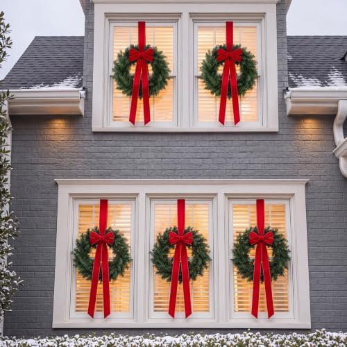 Roowest 6 Pack 12'' Christmas Window Wreaths Decorations & Red Velvet Bow by Roowest