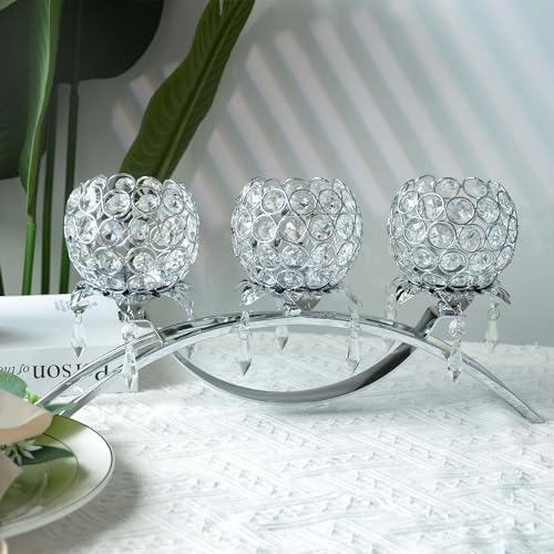 Crystal Tea Light Candlestick Holders Flower Shape with Crystal Pendant Bowl Votive Metal Candle Holder for Table Centerpieces Wedding Home Decor (Silver, 3 arm) - Image 2