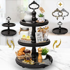 [3-in-1] Wooden Tiered Tray Stand - Beaded 3 Tiered Tray Decor Wood Cupcake Stand for Farmhouse Country Rustic Home - 3 Tier Stand [with 3 Changeable Handles] by Felt Creative Home Goods (Black) by FeltCreativeHomeGoods