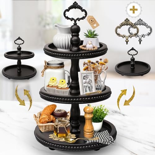 [3-in-1] Wooden Tiered Tray Stand - Beaded 3 Tiered Tray Decor Wood Cupcake Stand for Farmhouse Country Rustic Home - 3 Tier Stand [with 3 Changeable Handles] by Felt Creative Home Goods (Black) by FeltCreativeHomeGoods