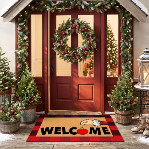 Tinideya 2 Pcs Christmas Door Mat Outdoor Layered Red and Black Welcome Mat - Image 6