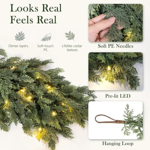 Pre-Lit Christmas Garland 9FT Decorations Real Touch Cedar Cypress Pine Greenery Artificial Green Christmas Garland with Lights for Mantle, Fireplace, Table, Stairs, Door, Indoor Outdoor Decorations - Image 4