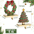 Christmas Stocking Holders for Mantel Set of 2 Anqitue Gold Christmas Tree Stocking Holders Wreath Stocking Holder Metal Stocking Hook Sturdy Stockings Hanger for Fireplace Decoration (Tree) - Image 2