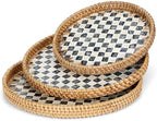 3 Pack Round Rattan Tray with Mother of Pearl Inlay Rattan Serving Tray for Coffee Bread Fruits Decorative Wicker Serving Platter for Table Home Kitchen Decor Black Checkerboard Style, 3 Size by Tiangrid