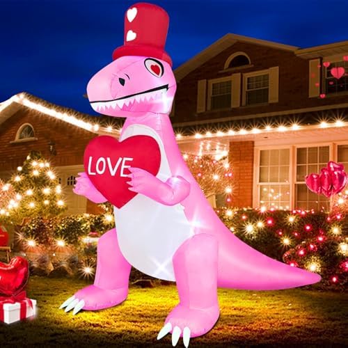 TURNMEON 8 Ft Long 6 Ft Tall Giant Valentines Day Inflatables Dinosaur Decorations Outdoor Blow Up Pink Dinosaur Holds Loves Heart with LEDs Valentine Day Decor for Yard Garden Lawn Wedding Party by TURNMEON