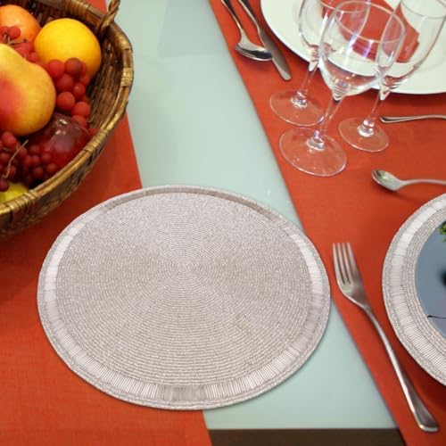 Handmade Beaded Placemat – Set of 2, 13 Inch Round – Silver - Image 2
