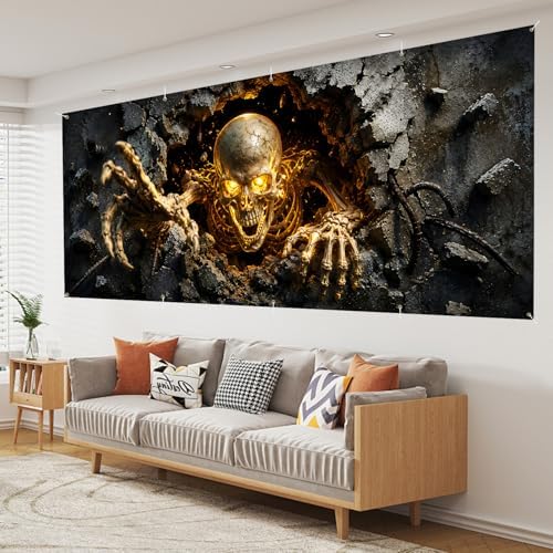 Halloween Garage Door Banner 7x16 FT - Realistic Skeleton Breaking Through Wall Backdrop Cover, Glowing Gold Skull Monster Hanging Decor for Double Car Garage Door Outdoor Yard Scary Party - Image 7