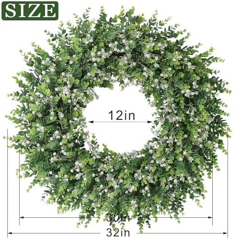 32" Artificial Eucalyptus Wreath with Flowers for Front Door (White-Green) - Image 6