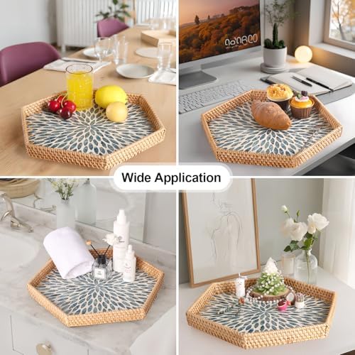 Hexagon Rattan Tray with Mother of Pearl Inlay, Rattan Serving Tray for Coffee, Bread, Fruits, Snacks, Decorative Wicker Tray for Table Decor, Home Decor (Light Blue Leaves, 14.5"×12.8") - Image 4