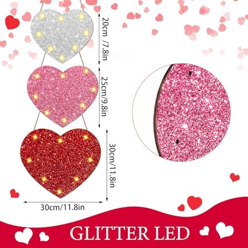 Barydat 3 Pcs Valentine‘S Day Wooden Door Sign Lighted Heart Glitter Valentines Hanging Sign Wall Decor Plaque with LED Lights for Outdoor Wall Front Door Anniversary Wedding(Valentines Day) - Image 2