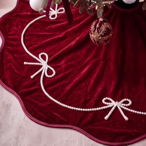 Foilswirl 48 Inch Burgundy Velvet Christmas Tree Skirt, Scallop Dedge - Image 3