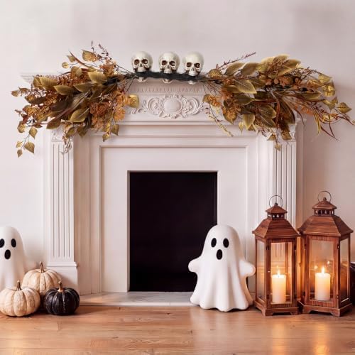 Hoteam 5 ft Halloween Garland with Skulls, Gothic Golden Fireplace Swag - Image 6