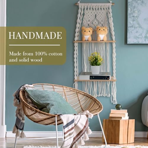 Barydat 2 Pack Macrame Wall Hanging Shelf 2 Tier Handmade Boho Hanging Wall Shelf Floating Woven Rope Decorative Storage Racks Holder Organizer for Home Bedroom Bathroom Plants, Beige (Elegant) - Image 6